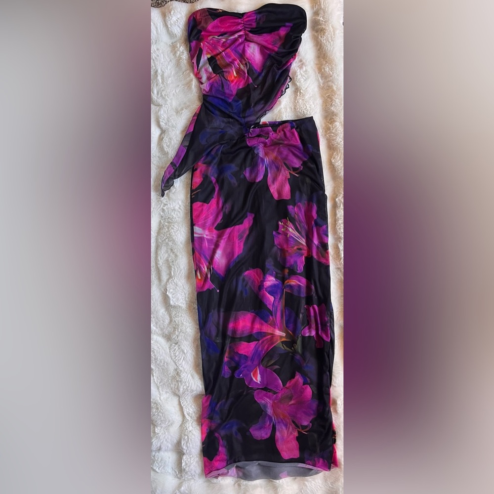 SHEIN Black Strapless Floral Maxi Skirt and Top Set with Pink & Purple Print - Picture 2 of 2